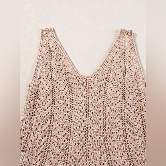 Pale Khaki Scalloped Hem V Neck Crochet Knit Tank Top Bohemian Blouse - Picture 12 of 15